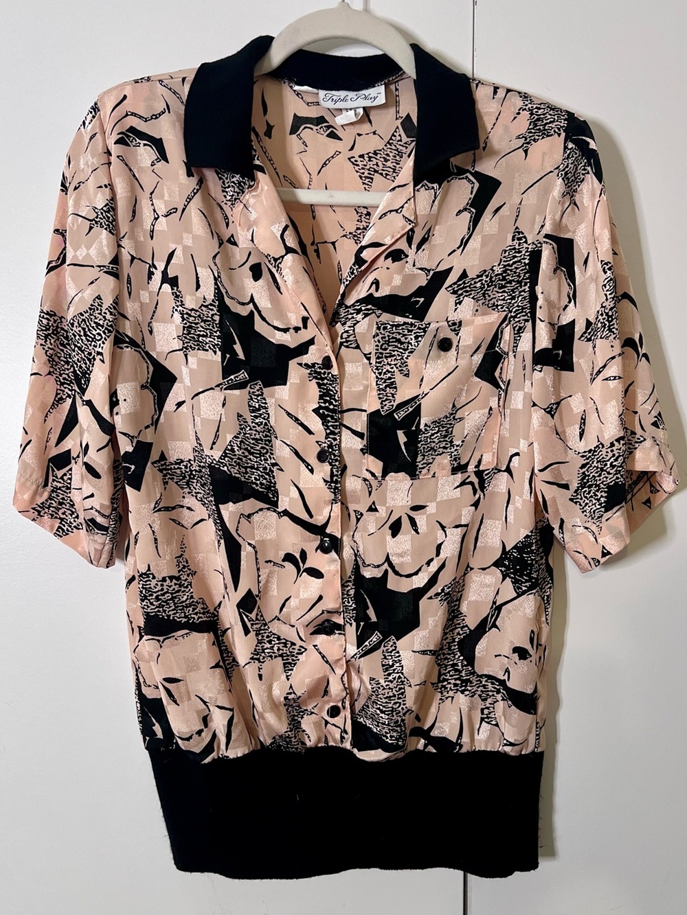 Triple Play Vintage Abstract Geometric Cream & Black Blouse